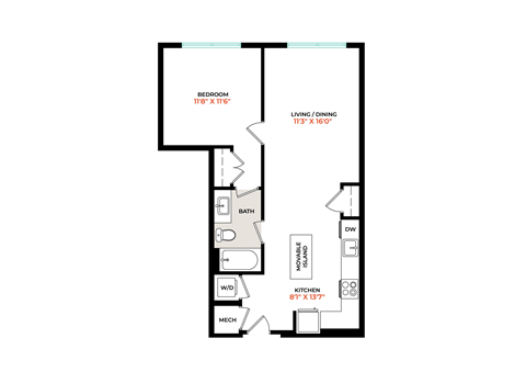 Floor plan for 1 bed, 1 bath, 702 sqft